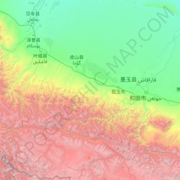 Mapa topográfico Pishan County, altitud, relieve