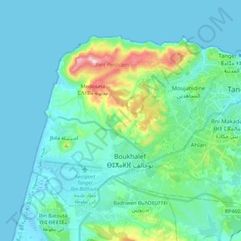Mapa topográfico arrondissement de Tanger-Medina طنجة المدينة, altitud, relieve