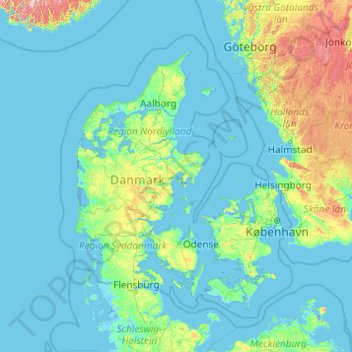 Mapa topográfico Dinamarca, altitud, relieve