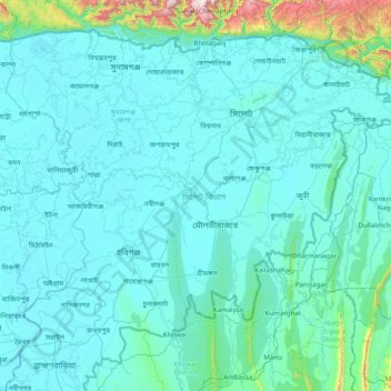 Mapa topográfico Sylhet División, altitud, relieve