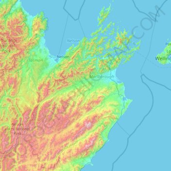 Mapa topográfico Marlborough District, altitud, relieve