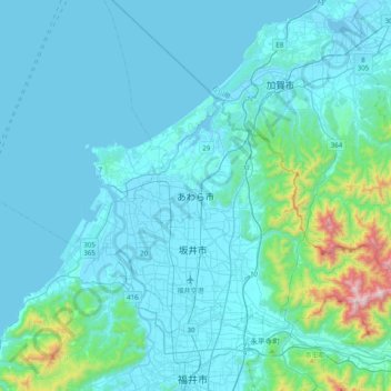 Mapa topográfico あわら市, altitud, relieve