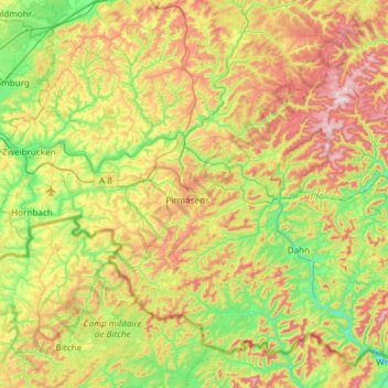 Mapa topográfico Arrondissement du Palatinat-Sud-Ouest, altitud, relieve