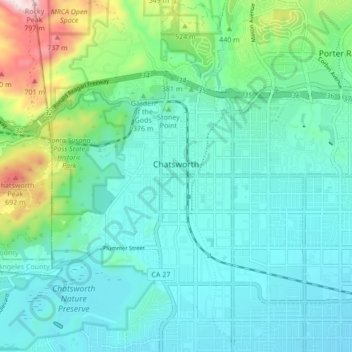 Mapa topográfico Chatsworth, altitud, relieve