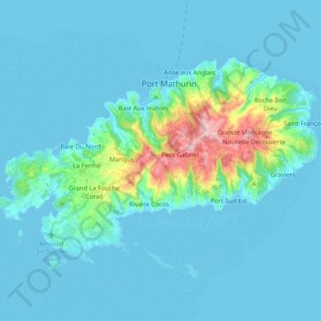 Mapa topográfico Rodrigues, altitud, relieve
