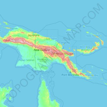 Mapa topográfico Papua-Nueva Guinea, altitud, relieve