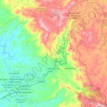 Mapa topográfico Águas da Prata, altitud, relieve