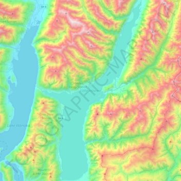 Mapa topográfico Lake Hāwea, altitud, relieve