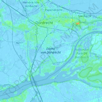 Mapa topográfico Dordrecht, altitud, relieve