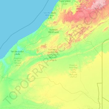 Mapa topográfico Guelmim-Oued Noun, altitud, relieve