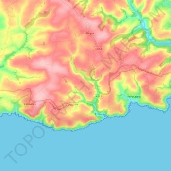 Mapa topográfico Polperro, altitud, relieve