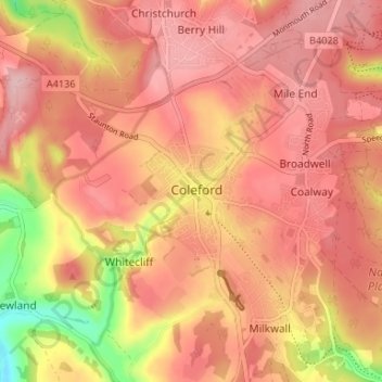 Mapa topográfico Coleford, altitud, relieve