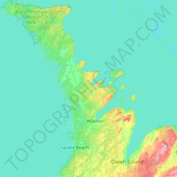 Mapa topográfico Bruce Peninsula, altitud, relieve