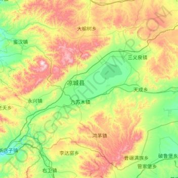 Mapa topográfico 凉城县, altitud, relieve