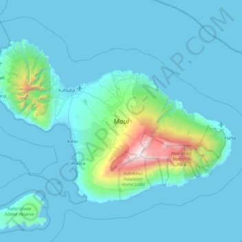 Mapa topográfico Maui, altitud, relieve