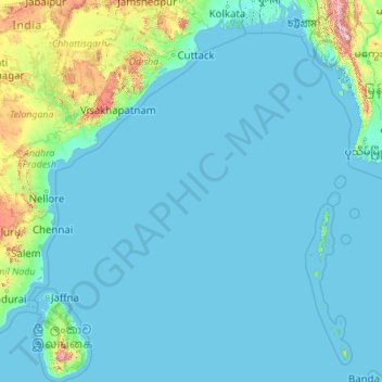 Mapa topográfico Bahía de Bengala, altitud, relieve