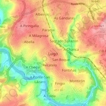 Mapa topográfico Lugo, altitud, relieve