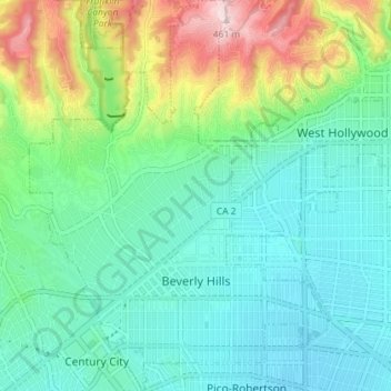Mapa topográfico Beverly Hills, altitud, relieve