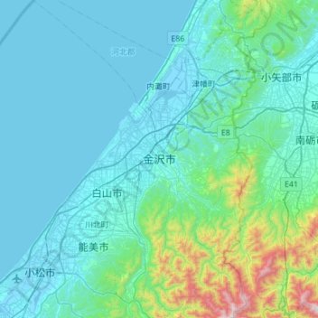 Mapa topográfico Kanazawa, altitud, relieve