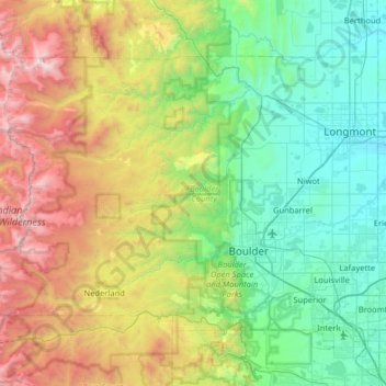 Mapa topográfico Boulder County, altitud, relieve
