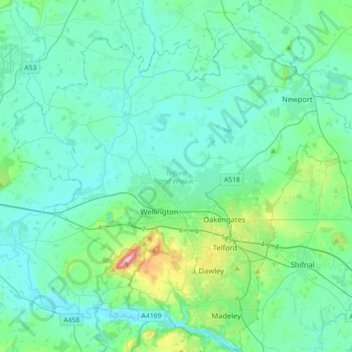 Mapa topográfico Telford and Wrekin, altitud, relieve