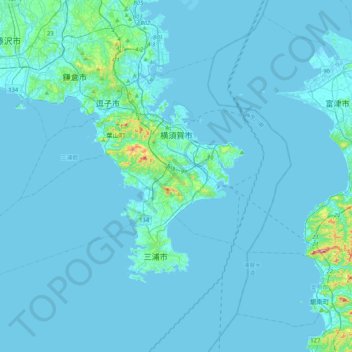 Mapa topográfico 横須賀市, altitud, relieve