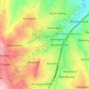 Mapa topográfico Johannesburg Ward 101, altitud, relieve