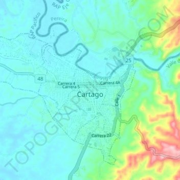Mapa topográfico Cabecera Municipal Cartago, altitud, relieve