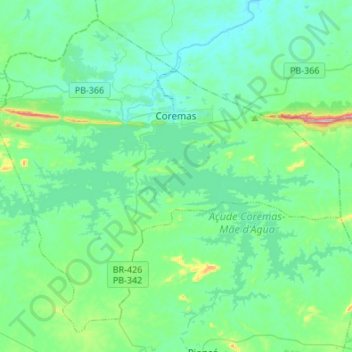 Mapa topográfico Coremas, altitud, relieve