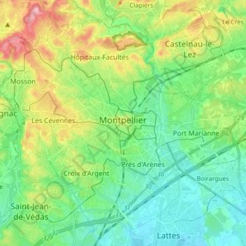 Mapa topográfico Montpellier, altitud, relieve
