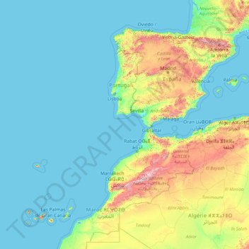 Mapa topográfico Portugal, altitud, relieve