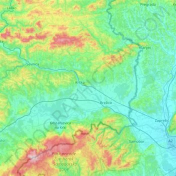 Mapa topográfico Lower Sava Statistical Region, altitud, relieve