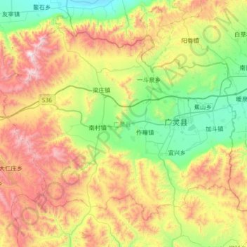 Mapa topográfico 广灵县, altitud, relieve