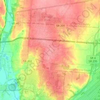 Mapa topográfico Huber Heights, altitud, relieve