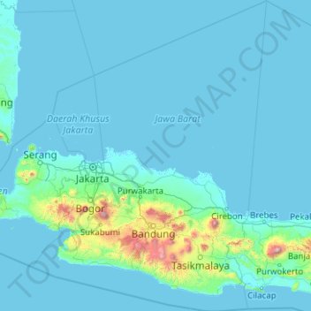 Mapa topográfico Java Occidental, altitud, relieve
