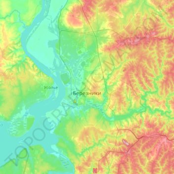 Mapa topográfico Berezniki, altitud, relieve
