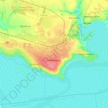 Mapa topográfico Nikopol, altitud, relieve