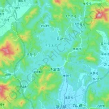 Mapa topográfico 汤溪镇, altitud, relieve