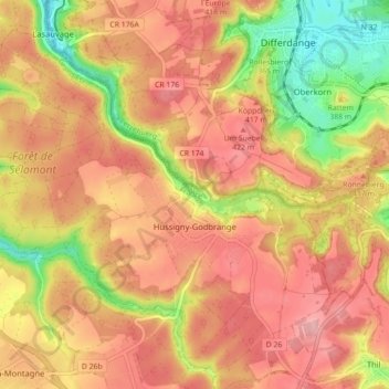Mapa topográfico Hussigny-Godbrange, altitud, relieve