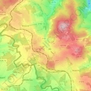 Mapa topográfico Aš, altitud, relieve