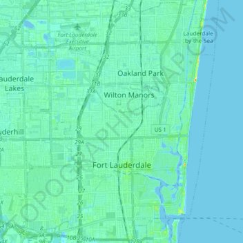 Mapa topográfico Fort Lauderdale, altitud, relieve