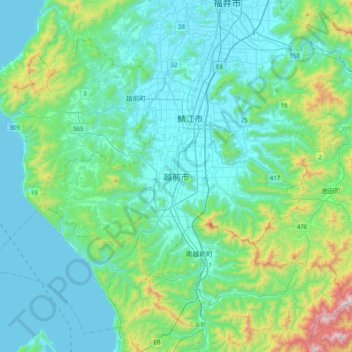 Mapa topográfico Echizen, altitud, relieve