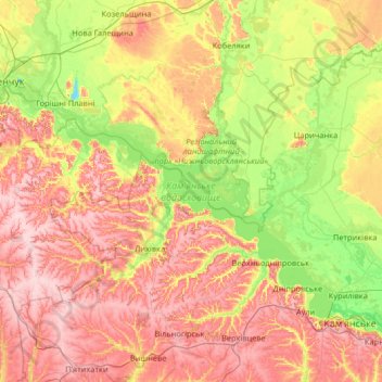 Mapa topográfico Kamianske Reservoir, altitud, relieve