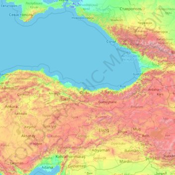 Mapa topográfico Región del Mar Negro, altitud, relieve