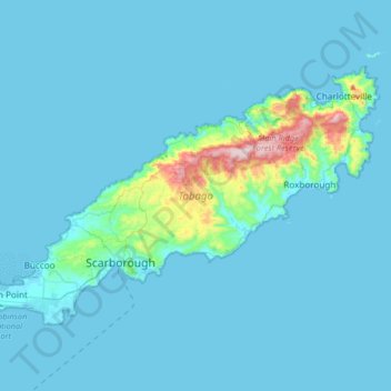 Mapa topográfico Tobago, altitud, relieve