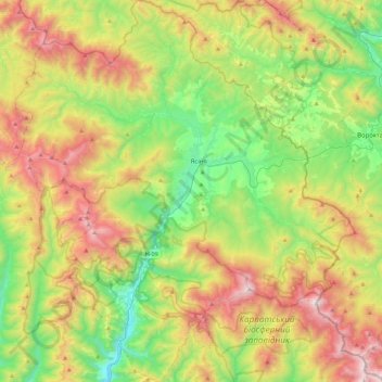 Mapa topográfico Yasinia Settlement Hromada, altitud, relieve