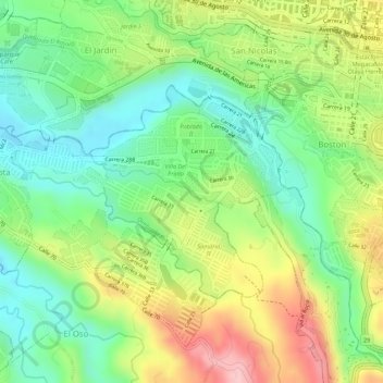 Mapa topográfico El Poblado, altitud, relieve