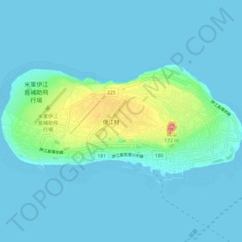 Mapa topográfico Iejima, altitud, relieve