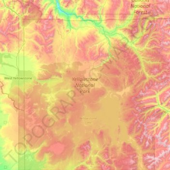 Mapa topográfico Parque nacional de Yellowstone, altitud, relieve