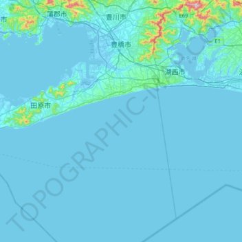 Mapa topográfico Toyohashi, altitud, relieve